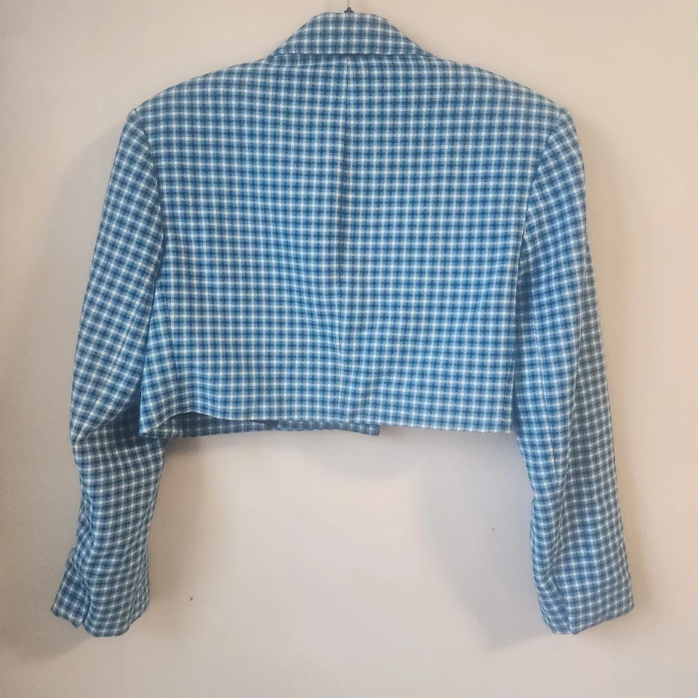 Zara Women's Blue and‎ White Checkered Cropped Blazer SZ M - Picture 2 of 4